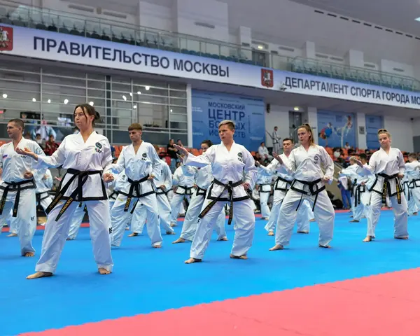 Спортсмены с чёрными поясами строем выполняют технику в большом спортивном зале