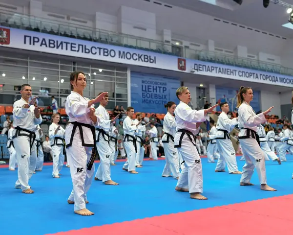 Спортсмены с чёрными поясами стоят рядами и одновременно выполняют движение в большом зале