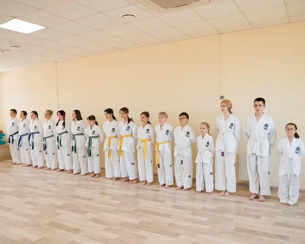 Ученики в добоках с поясами разных цветов стоят в строю вдоль стены зала